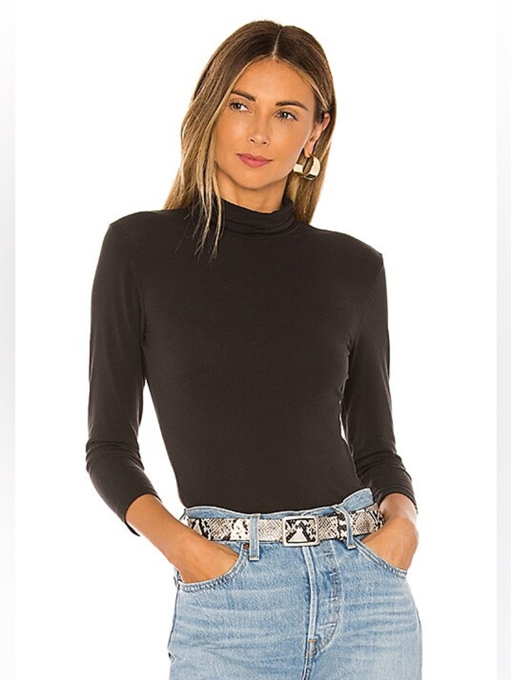James Perse Black Skinny Turtleneck Long Sleeve Fitted Cotton Tshirt Top